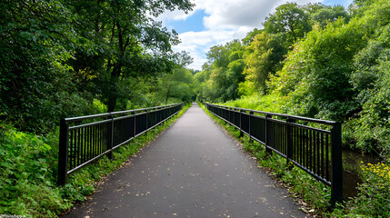 Long Empty Walking Path Between Lush Green Trees and Black Fences Under Cloudy Blue Sky