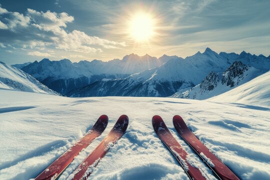 Pair of red skis on pristine snowy mountain landscape under a bright sun.