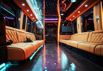 A festive atmosphere on a spacious party bus. 