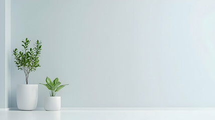 Two Potted Green Plants On White Surface With Light Blue Wall Background