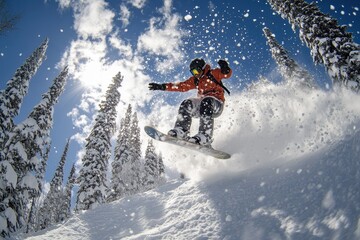 A snowboarder leaps off a snowy slope beneath a clear blue sky.