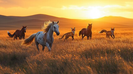 Obraz premium Mongolian steppe sunset where Przewalskis horses saker falcons Mongolian gazelles marbled polecats and Corsac foxes move across golden grasslands