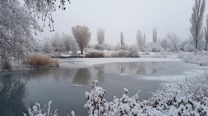 Winter Wonderland: Serene Frozen Lake in Snow-Covered Park