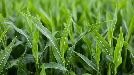 Close Up Of Bright Green Corn Plants Leaves Growing Outdoors In A Field Under Sunlight