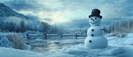 Snowman stands by a frozen river in a serene winter landscape.