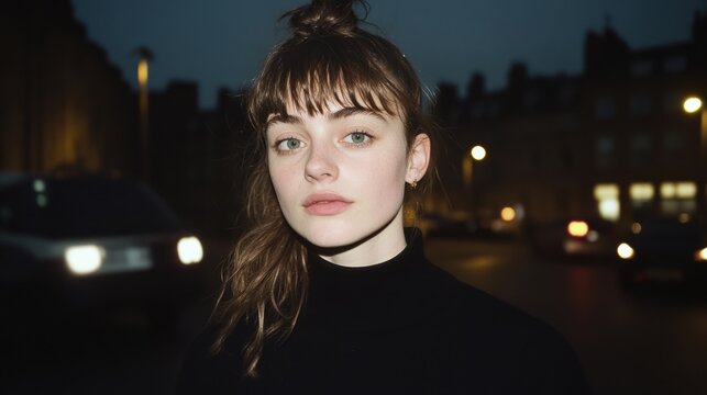 Young woman with light brown hair in black turtleneck sweater standing in city at night