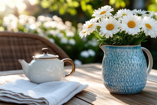 A lovely blue pitcher filled with daisies is accompanied by a white teapot and cloth, evoking feelings of warmth, comfort, and the joy of spending time in nature's embrace.