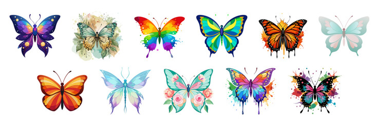 Obraz premium Collection of 12 colorful butterfly illustrations in various styles, including watercolor and abstract designs, isolated on a white background.