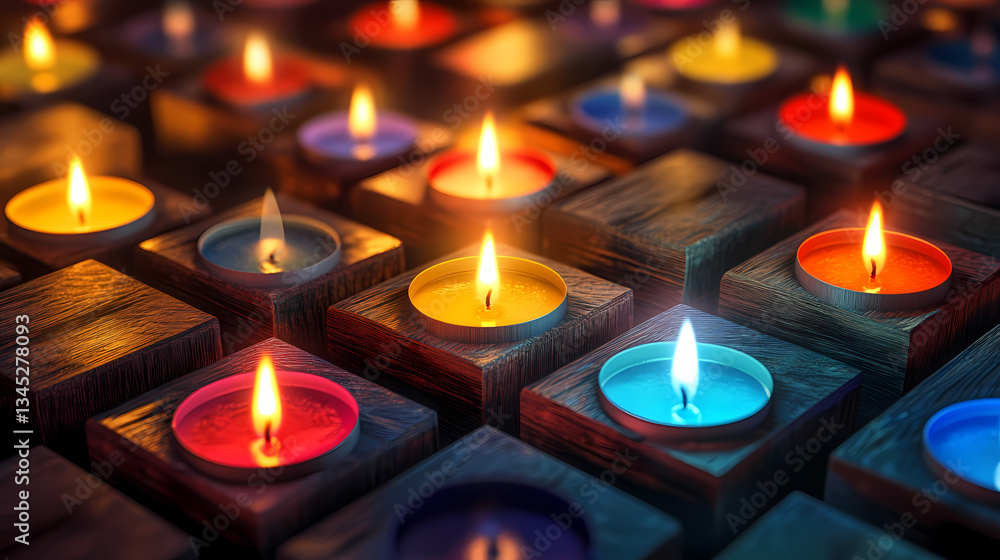 Poster candlelit serenity: a captivating array of colorful candles gently illuminating their surroundings, 