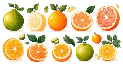Obraz premium Fresh citrus fruits, various cuts and whole fruits