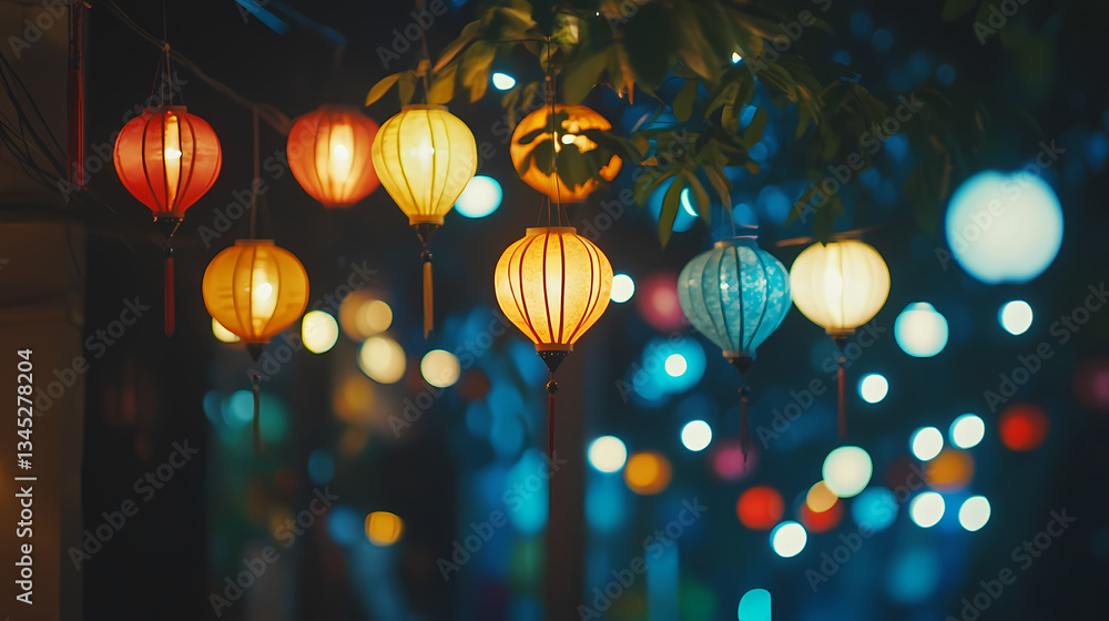Poster enchanting lanterns: a colorful array of glowing lanterns illuminates the night, casting a warm, inv