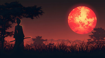 Silhouetted woman with katana under blood moon
