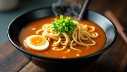 Steaming bowl of ramen, chopsticks, spring onions, lunch, ramen