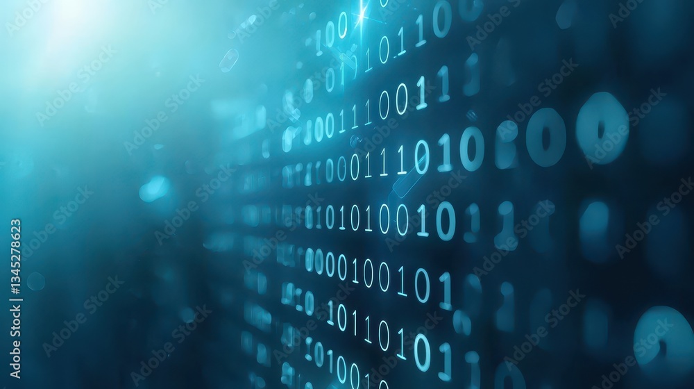 Poster streams of binary code on a vibrant blue background, technological visualization