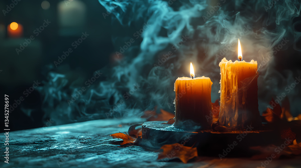 Poster illuminated whispers: a mystical scene unfolds as two glowing candles cast an inviting light, with e