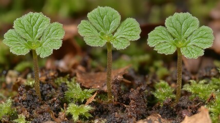Close-up of three young green plants emerging from soil and moss