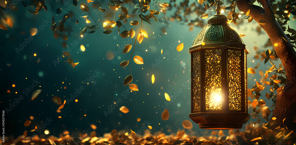 Poster enchanting lantern scene: a captivating image featuring a decorative lantern suspended from a tree, 