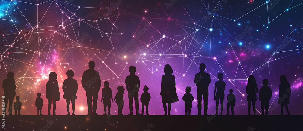 Poster connected souls: a silhouette of diverse individuals standing together against a backdrop of interco