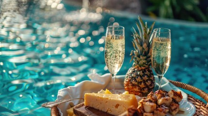 Woven rattan tray floating breakfast for two in the swimming pool Romantic champagne glasses