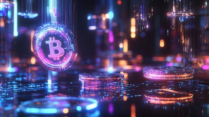 Bitcoin coins floating in a tech-inspired digital world, surrounded by vibrant purple energy, symbolizing modern investments