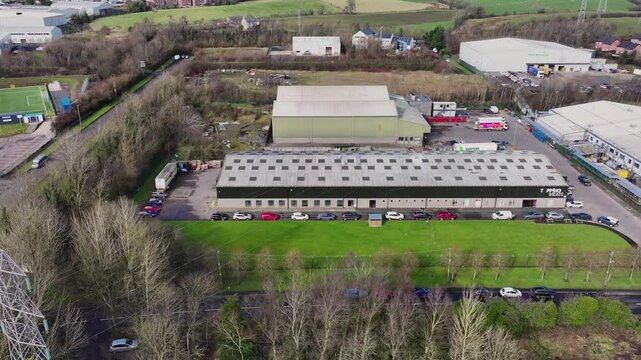 Aerial video of Topping Meats and Henderson's Millbrook Old Belfast rd Larne Co Antrim Northern Ireland 14-03-25 