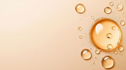 A close-up of water droplets on a soft beige background, creating a serene and refreshing visual effect.