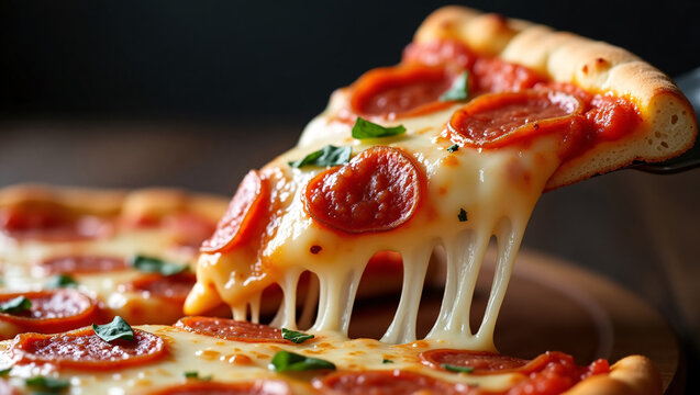 Cheesy New York style pepperoni pizza slice with crispy crust and gooey melted mozzarella cheese pull
