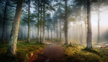 Obraz premium Behold ethereal ambiance of a sylvan realm, where veiled in mist, arboreal sentinels exude