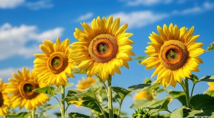 Obraz premium Bright sunflowers basking under a clear blue sky.