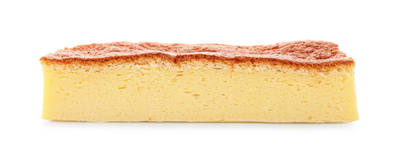 Piece of tasty Japanese Castella sponge cake isolated on white