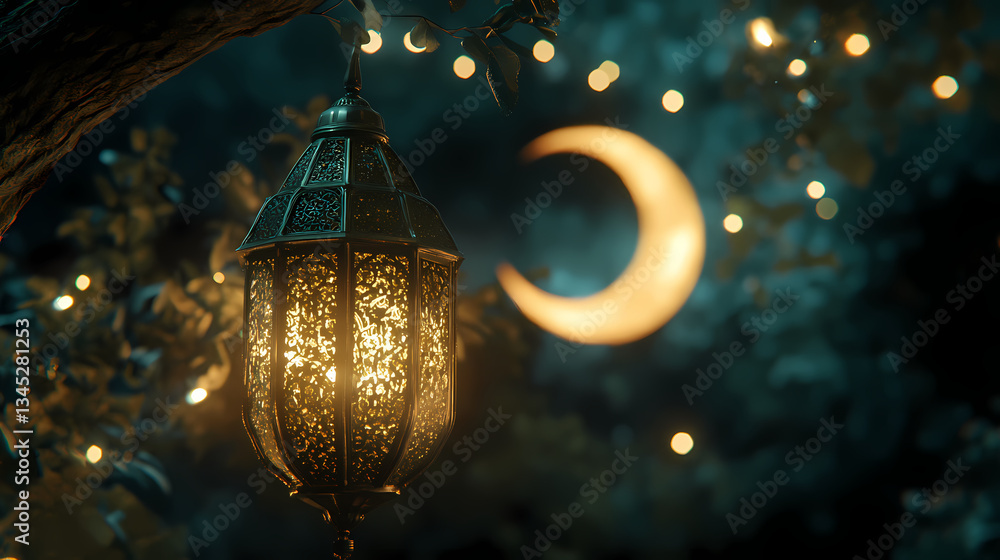 Poster celestial lantern: a beautiful lantern hangs from a tree branch with soft lights in the night, casti