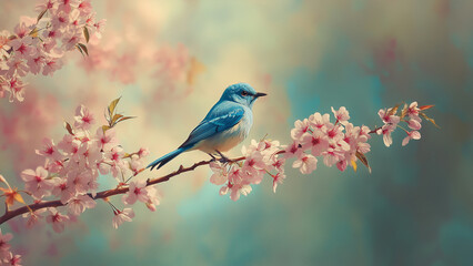 Fototapeta premium Bluebird on Cherry Blossom Branch in Spring