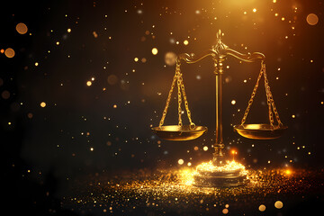 Golden Justice: A symbol of justice and balance shines with a golden glow against a dark background, highlighting themes of law, fairness, and equilibrium.