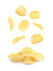Tasty potato chips falling on white background