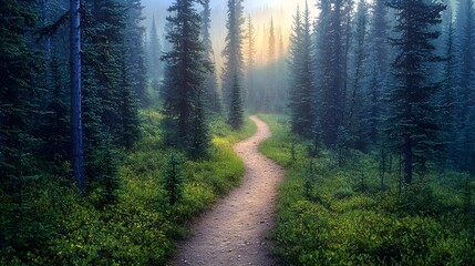 Fototapeta premium Winding path through misty forest nature scene tranquil environment scenic viewpoint peaceful concept