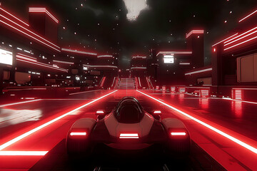 Futuristic vehicle speeding down a neon-lit city highway at night