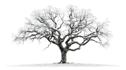 Majestic snow covered tree standing on a snowy patch with transparent background