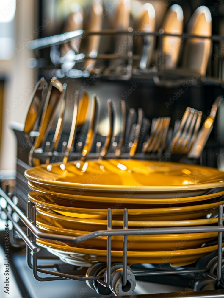 Poster clean dishes and silverware elegantly arranged in a modern dishwasher ready for use in a contemporar