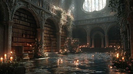 A gothic library filled with books and candles illuminating the space