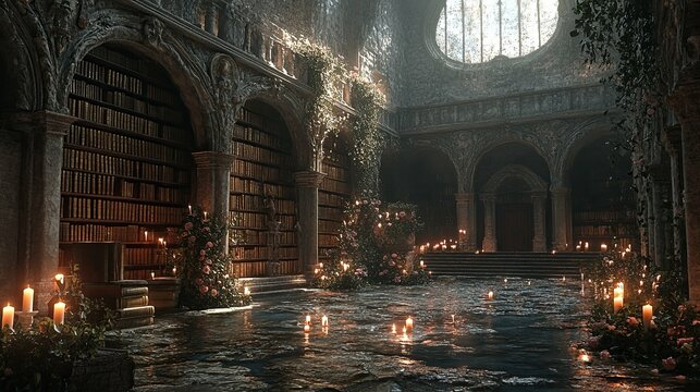 A gothic library filled with books and candles illuminating the space