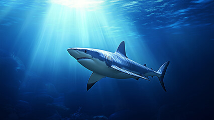 Fototapeta premium Majestic Shark in a Dreamy Deep Sea Scene