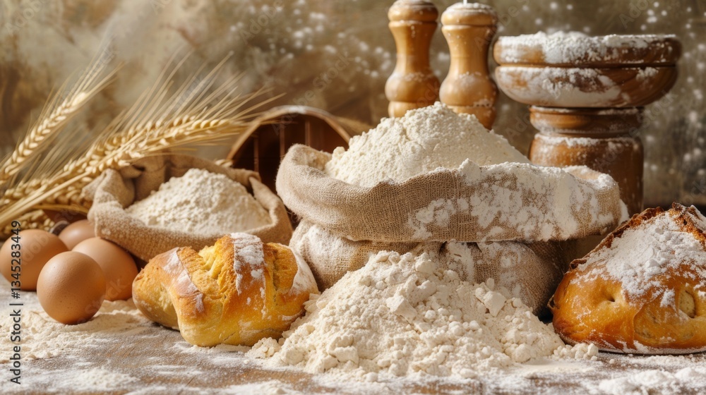 Poster experience the art of bread making with flour sacks, dough, and fresh ingredients for a delightful b