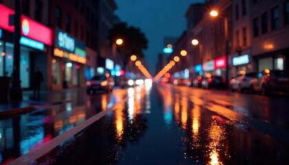 Obraz premium Abstract late-night city lights reflected on wet pavement, urban, design, illustration
