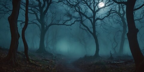 Naklejka premium Spooky Forest at Night Halloween