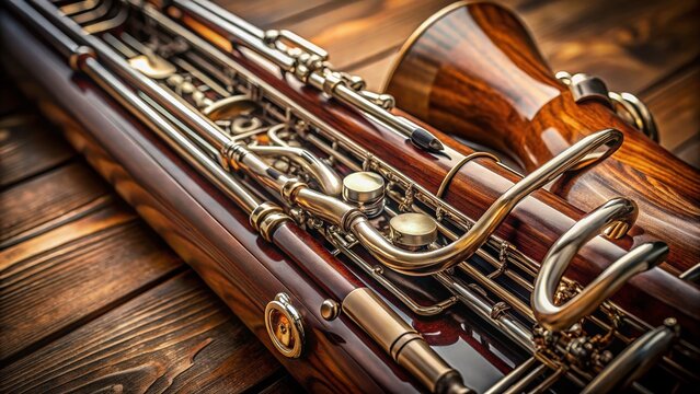 Close-up Contrabassoon Keys & Body: Detailed Musical Instrument Stock Photo
