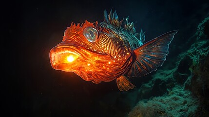 Obraz premium Mysterious Deep Sea Anglerfish lurking in the pitch black abyss its bioluminescent lure glowing eerily in the darkness