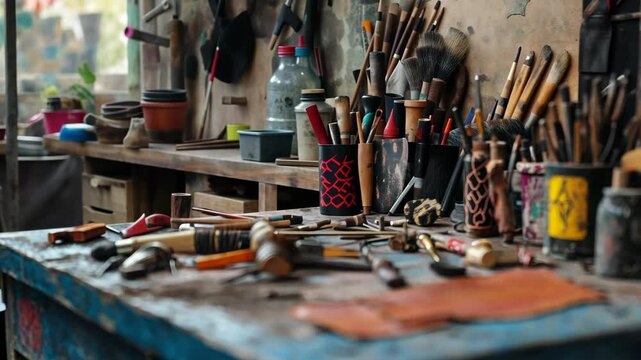 Close-up of cobbler's workbench with vibrant tools and leather scraps, dynamic focus on artisan's workspace and traditional techniques