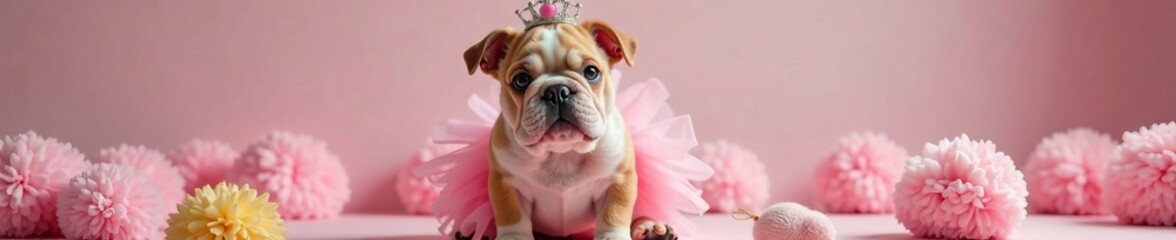 Fototapeta premium A charming bulldog dressed in pink, surrounded by fluffy decorations. Adorable moment.