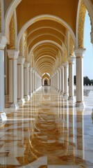 Elegant corridor with arched ceilings and gold accents reflecting light