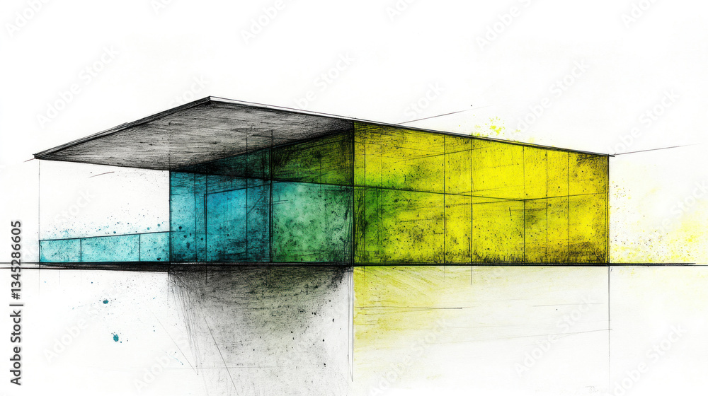 Aufkleber a building with a blue and yellow facade. the blue and yellow colors are used to create a sense of c